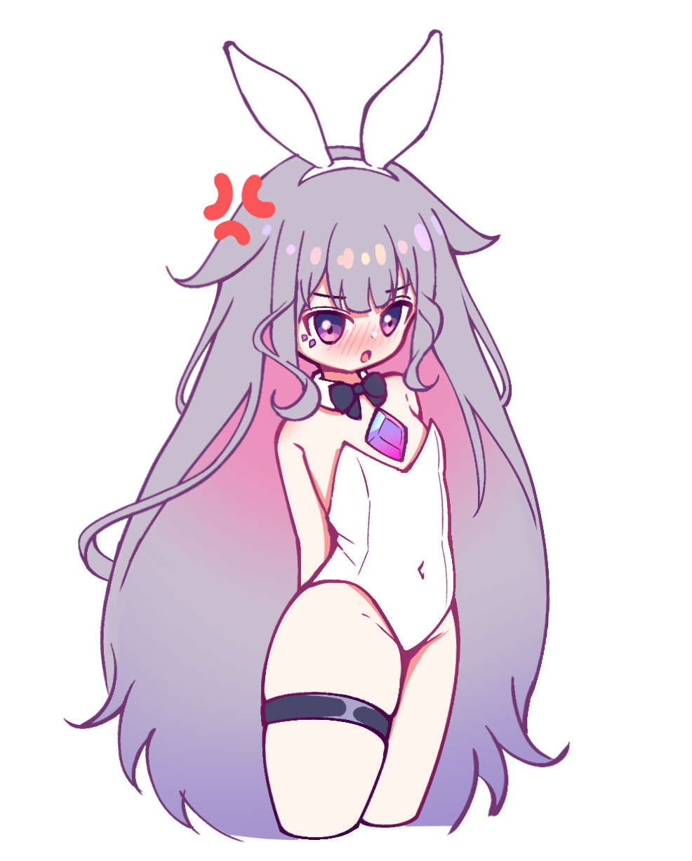 1girl :o alternate_costume anger_vein arms_behind_back blush bow bowtie breasts chest_jewel colored_inner_hair detached_collar female_focus hair_flaps highleg highleg_leotard hololive hololive_english jewel_under_eye koseki_bijou leotard long_hair looking_at_viewer multicolored_hair open_mouth playboy_bunny purple_eyes purple_hair rabbit_ears shutowl small_breasts solo strapless strapless_leotard thigh_strap thighs very_long_hair virtual_youtuber white_leotard