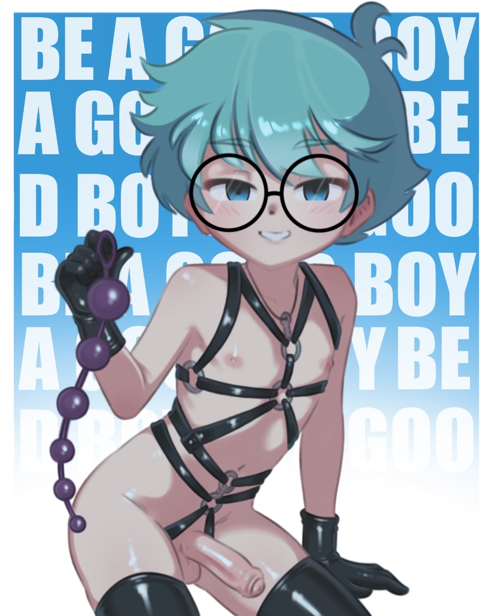1boy anal_beads beege bondage_outfit glasses looking_at_viewer penis sex_toy shota shotadom smile tagme