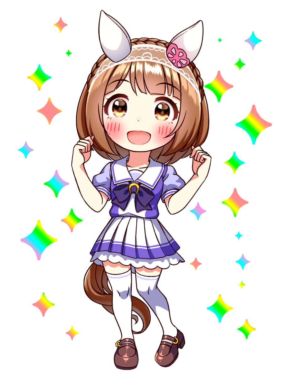 1girl animal_ears blush bow bowtie braid breasts brown_eyes brown_hair chibi chibi_only collarbone commentary_request crown_braid ear_covers full_body hairband headband highres horse_ears horse_girl horse_tail looking_at_viewer open_mouth pleated_skirt puffy_short_sleeves puffy_sleeves purple_bow purple_bowtie purple_shirt sailor_collar sailor_shirt school_uniform shirt shoes short_hair short_sleeves skirt smile solo sugimotty_nova tail thighhighs tracen_school_uniform umamusume white_sailor_collar white_skirt white_thighhighs yukino_bijin_(umamusume) zettai_ryouiki