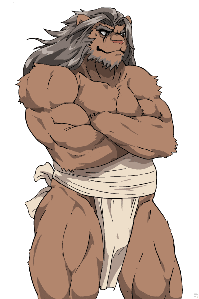 1boy animated animated_gif bara body_fur brown_fur bulge closed_mouth commentary_request cowboy_shot crossed_arms fundoshi furry furry_male grey_hair incal japanese_clothes lion_boy long_hair male_focus mane muscular muscular_male original solo thighs topless_male white_background wind