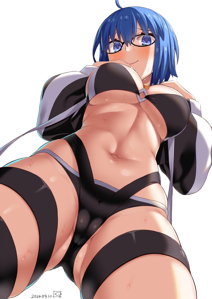 1girl ahoge bikini black_bikini blue_eyes blue_hair blush breasts c.i.e.l_(fate) cameltoe ciel_(tsukihime) closed_mouth fate/grand_order fate_(series) from_below glasses gluteal_fold guriguri_(arayotto4351) hair_between_eyes highres jacket large_breasts long_sleeves mysterious_executor_c.i.e.l_(fate) navel open_clothes open_jacket short_hair simple_background smile stomach sweat swimsuit thigh_strap thighs underboob variant_set white_background