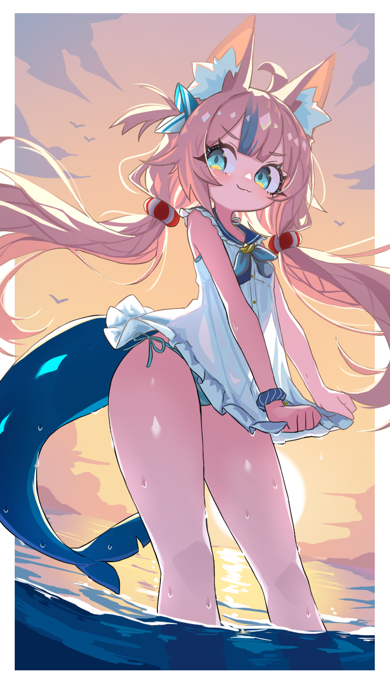 1girl ahoge animal_ear_fluff animal_ears bikini blonde_hair blue_bikini blue_eyes blue_streaks cat_ears cloud commentary fins fish_tail highres indie_virtual_youtuber kira_i long_hair low_twintails multicolored_hair no_pants ocean outdoors sameko_saba scrunchie shirt shirt_tug side-tie_bikini_bottom sky sleeveless sleeveless_shirt smile solo streaked_hair sun sunset swimsuit symbol-only_commentary tail thighs twintails virtual_youtuber wading water wet white_shirt wrist_scrunchie