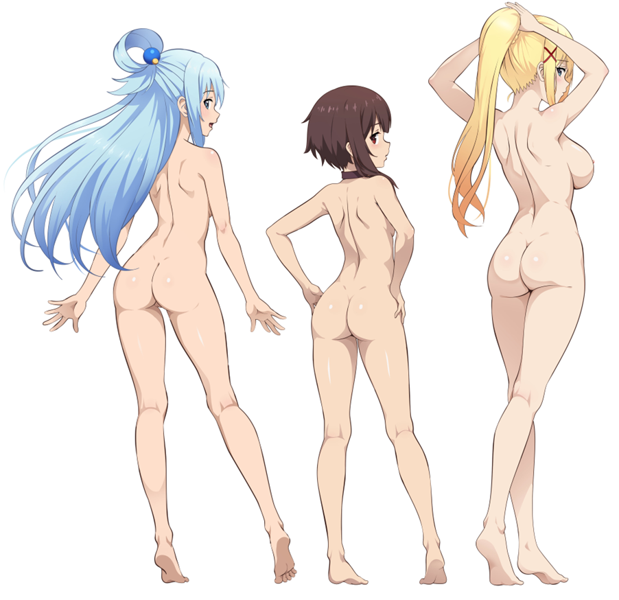 3girls aqua_(konosuba) ass ass_focus back bad_tag bare_back bare_legs barefoot blonde_hair blue_eyes blue_hair breasts brown_hair completely_nude darkness_(konosuba) feet flat_chest from_behind green_eyes kadokawa kadokawa_shoten knight kono_subarashii_sekai_ni_shukufuku_wo! large_breasts legs loli long_hair magician medium_breasts medium_hair megumin multiple_girls nanikairu nude perineum petite ponytail pussy red_eyes sideboob size_difference soles studio_deen toes