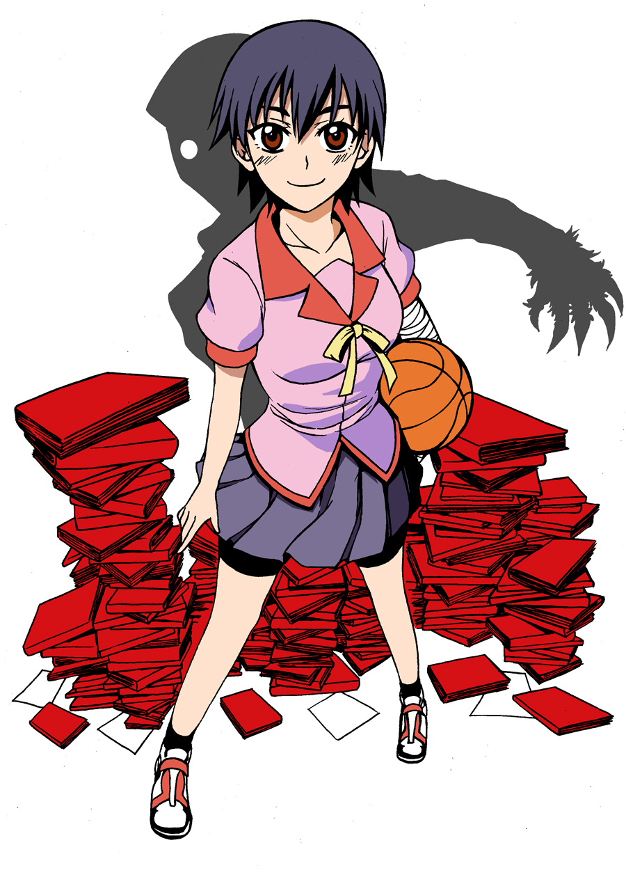 1girl bakemonogatari ball bandages basketball basketball_(object) bike_shorts black_hair book brown_eyes claws female_focus highres kanbaru_suruga kaorihero looking_at_viewer monogatari_(series) rainy_devil school_uniform shadow short_hair simple_background skirt smile solo spoilers too_many too_many_books white_background