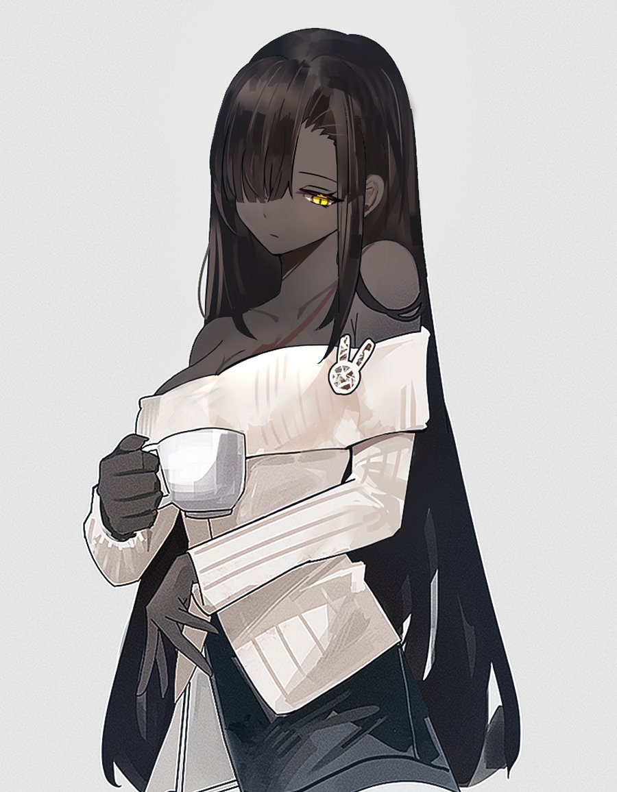 1girl black_hair black_skirt breasts cleavage collarbone cup dark-skinned_female dark_skin hair_over_one_eye holding holding_cup hoyeonbns limbus_company long_hair mug project_moon shirt simple_background skirt solo two-tone_shirt white_background white_shirt white_skirt yellow_eyes zilu_(project_moon)
