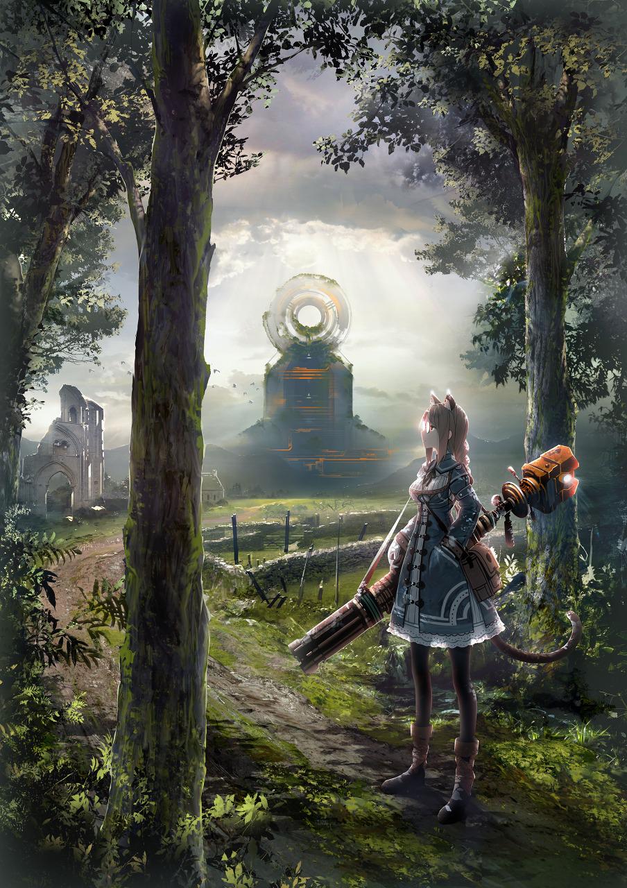 1girl animal_ears bag blue_dress boots braid breasts cat_tail check_copyright cloud commentary_request copyright_request day dress fantasy from_side glasses grass highres long_hair long_sleeves medium_breasts moss original pantyhose path road ruins satchel scenery shirakaba sky solo standing tail tree wide_shot