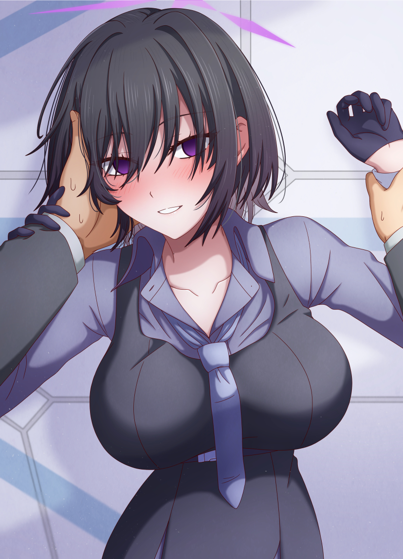 1boy 1girl black_dress black_gloves black_hair blue_archive blush breasts collarbone collared_shirt commentary_request dress dress_over_shirt empty_eyes gloves half_gloves halo hand_in_another&#039;s_hair hasebe_akira holding_another&#039;s_wrist large_breasts looking_at_viewer loose_necktie necktie open_collar parted_lips pov pov_hands purple_eyes purple_halo purple_necktie purple_shirt sensei_(blue_archive) shirt short_hair subaru_(blue_archive) sweat variant_set