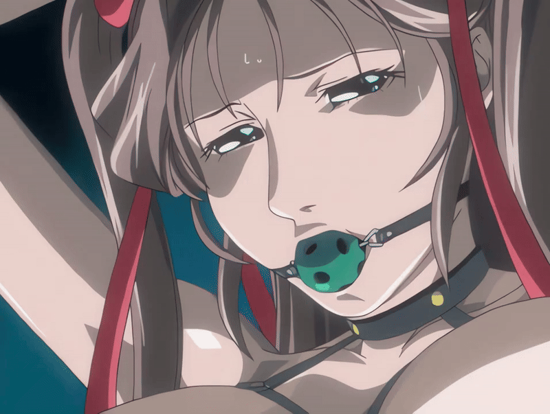 00s 1girl 2006 animated animated_gif anime_screenshot ball_gag bdsm bible_black bible_black_new_testament bondage bound breasts brown_hair cloak female_focus forced gag gagged hair_ribbon harness indoors large_breasts long_hair looking_down one-piece_tan ribbon saliva shin_bible_black shiny_skin slave solo suspension tagme tan tanline topless_female toudou_yuki twintails