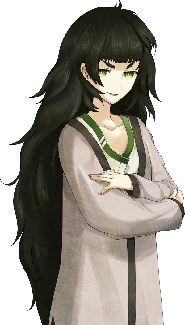 1girl bad_tag blunt_bangs brown_jacket collar collarbone crossed_arms fingernails flat_chest game_cg green_collar green_eyes green_hair green_trim hiyajou_maho huke jacket jacket_over_dress large_variant_set long_hair looking_at_viewer messy_hair non-web_source official_art open_mouth science_adventure smile solo sprite steins;gate steins;gate_0 transparent_background variant_set very_long_hair