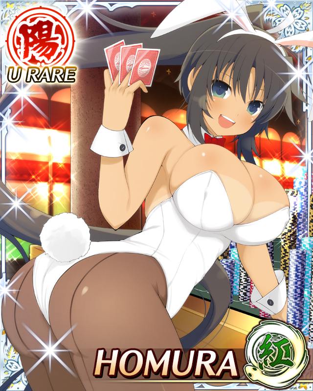1girl :d ahoge animal_ear_hairband animal_ears aqua_eyes arm_up ass between_fingers bikini_tan black_hair border bow bowtie breasts card card_(medium) card_between_fingers casino character_name dark-skinned_female dark_skin detached_collar fake_animal_ears fake_tail from_behind game_cg hair_ribbon hairband hand_on_table high_ponytail highleg highleg_leotard holding holding_card homura_(senran_kagura) large_breasts leaning_forward leotard long_hair looking_at_viewer looking_back official_art open_mouth pantyhose playboy_bunny poker_chip ponytail rabbit_ear_hairband rabbit_ears rabbit_tail ribbon senran_kagura senran_kagura_new_wave smile solo strapless strapless_leotard tail tan tanline teeth third-party_source upper_teeth_only very_long_hair white_ribbon white_wrist_cuffs wrist_cuffs