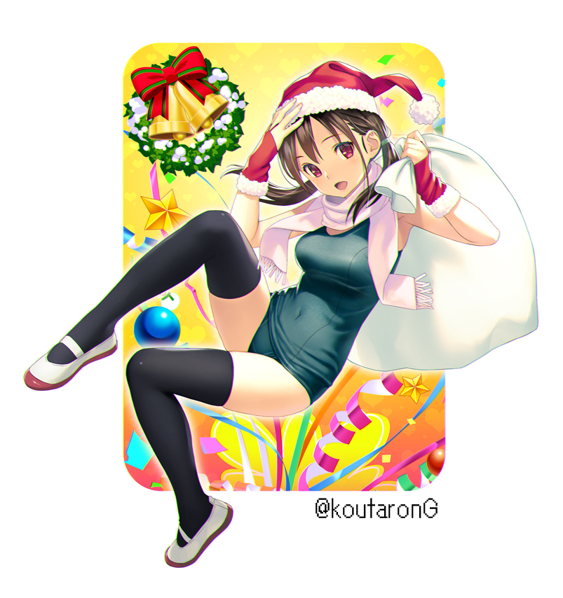 1girl :d arm_up bell black_thighhighs blue_one-piece_swimsuit breasts brown_hair christmas_wreath commentary_request covered_navel fringe_trim full_body fur-trimmed_headwear fur_trim hair_tie hand_up hat holding holding_sack koutaro long_hair looking_at_viewer low_twintails medium_breasts old_school_swimsuit one-piece_swimsuit open_mouth original pink_scarf red_eyes red_hat sack santa_hat scarf school_swimsuit shoes smile solo swimsuit thighhighs twintails twitter_username uwabaki white_shoes wreath