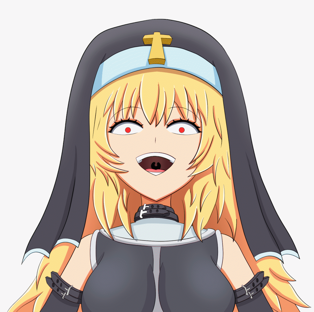 1girl angelica_amadeus animated animated_gif arm_belt belt belt_collar black_belt black_veil blonde_hair blue_eyes breasts collar commentary cross detached_sleeves dress english_commentary evil_smile guns_and_nuns:_storming_hell hair_between_eyes laughing looping_animation official_art open_mouth portrait rm120 smile veil webp-to-gif_conversion