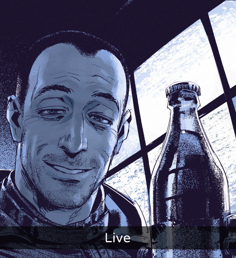 1boy beard_stubble bottle buzz_cut facial_hair fukurau grin looking_at_viewer male_focus meme screen short_hair smile snapchat snapchat_kill_guy_(meme) solo stalker_(game) stalker_2:_heart_of_chornobyl static strelok_(stalker) stubble upper_body very_short_hair water water_bottle