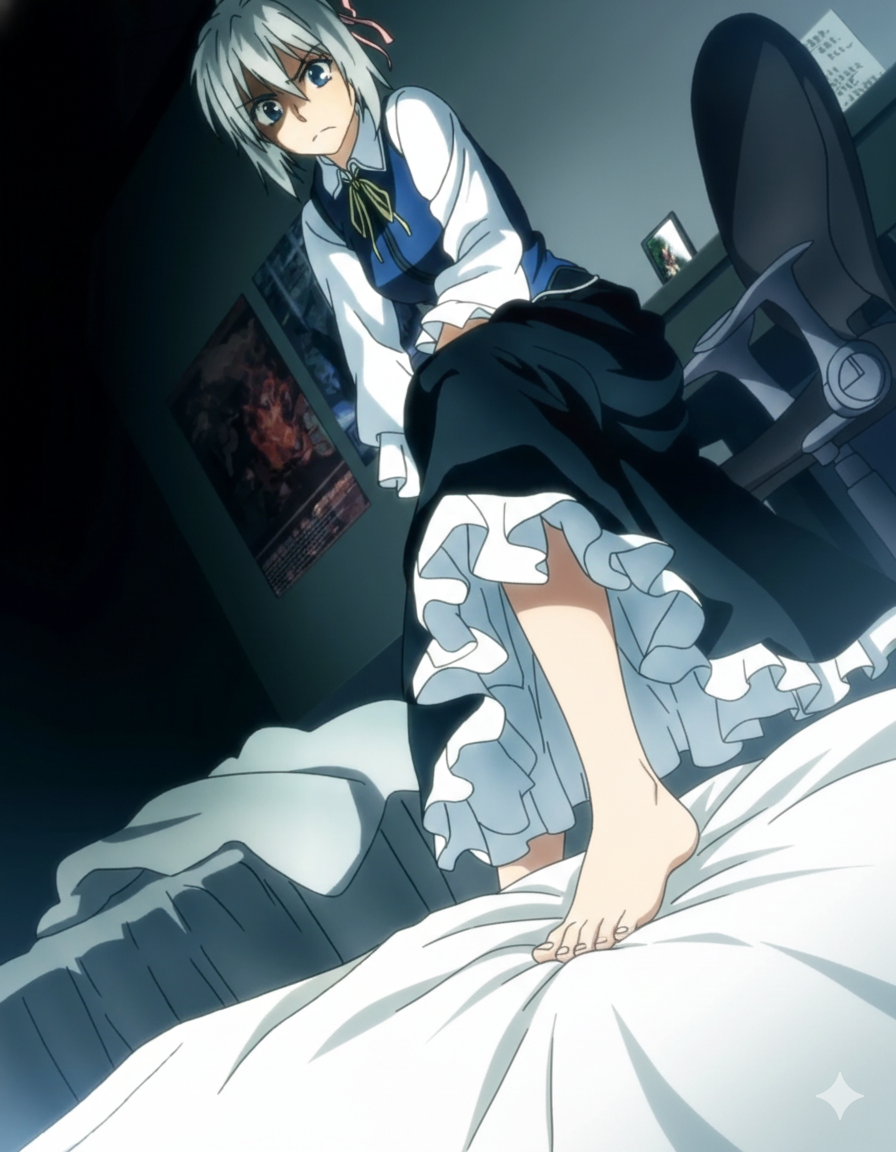 1girl absurdres bed bed_sheet bedroom black_skirt blue_eyes blue_vest bluesy_fluesy breasts chair closed_mouth collared_shirt feet female_focus flat_chest grey_hair highres indoors layered_skirt long_hair long_skirt long_sleeves neckerchief photo_(object) ponytail poster_(object) sexually_suggestive shirt shirt_under_vest sitting skirt small_breasts solo solo_focus table taboo_tattoo third-party_edit toes vest white_shirt yellow_neckerchief