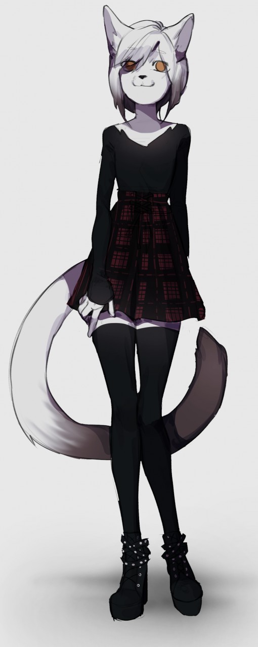 1girl animal_ears black_shirt black_thighhighs body_fur breasts cat_ears cat_girl cat_tail commission furry furry_female highres long_sleeves looking_at_viewer original pita-potato red_eyes shirt short_hair skirt smile solo tail thighhighs