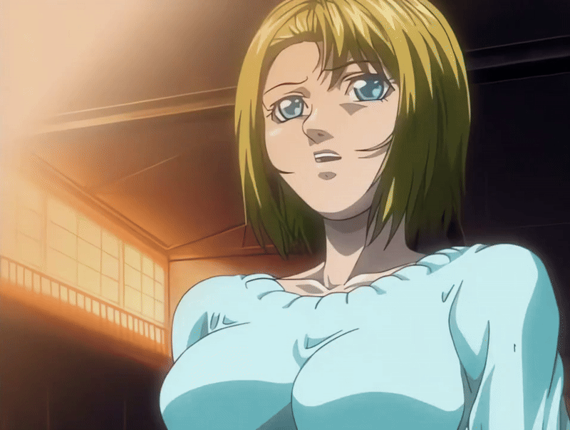 00s 1girl 2002 animated animated_gif arms_covering_breasts ass bible_black bible_black_gaiden blonde_hair blue_eyes breasts crossed_arms kitami_reika large_breasts shoes short_hair sweater tagme warehouse white_shoes