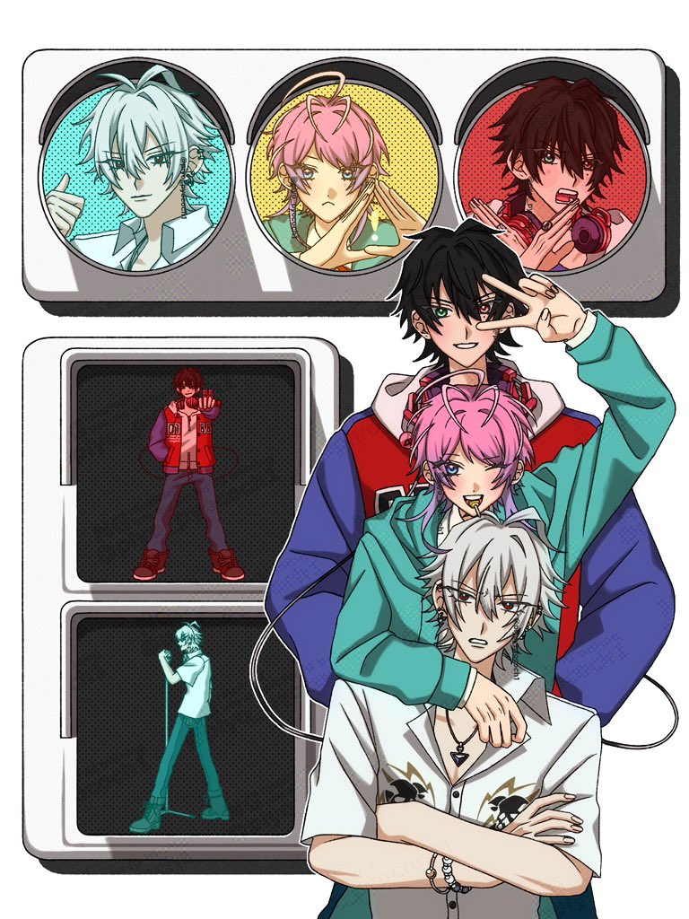 3boys :< ;d ahoge amemura_ramuda ankle_boots antenna_hair aohitsugi_samatoki aqua_coat arm_around_neck arm_up badge bead_bracelet beads behind_another ben-day_dots black_hair blue_eyes blue_jacket blush boots bracelet button_badge captive_bead_ring chin_rest choppy_bangs coat collarbone collared_shirt colored_eyelashes commentary cowlick crossed_arms denim dot_nose ear_piercing earrings film_grain fingernails full_body furrowed_brow gradient_hair green_eyes grin group_picture hair_between_eyes hand_up hands_in_pockets hands_up head_on_head head_rest headphones headphones_around_neck heterochromia holding holding_microphone hood hood_down hooded_coat hoodie hypnosis_mic hypnosis_microphone jacket jacket_over_hoodie jeans jewelry letterman_jacket light_smile lollipop_in_mouth long_sleeves looking_at_viewer male_focus microphone microphone_stand mole mole_under_eye mouth_hold multicolored_hair multicolored_jacket multiple_boys multiple_bracelets multiple_piercings multiple_views one_eye_closed open_clothes open_jacket open_mouth outline outstretched_arm pants pants_tucked_in parted_bangs partially_unbuttoned peanut_mouth piercing piercing_hole pink_hair piyo_pyococh1 portrait purple_hair rectangular_mouth red_eyes red_jacket redrawn ring screentones shirt shoes short_hair short_hair_with_long_locks short_sleeves simple_background skull_print smile sneakers standing straight-on symbol-only_commentary thumbs_up triangle_hands triangle_necklace twitter_username two-tone_jacket v v-shaped_eyebrows v_over_eye watermark watermark_grid white_background white_hair white_hoodie white_outline white_shirt yamada_ichiro