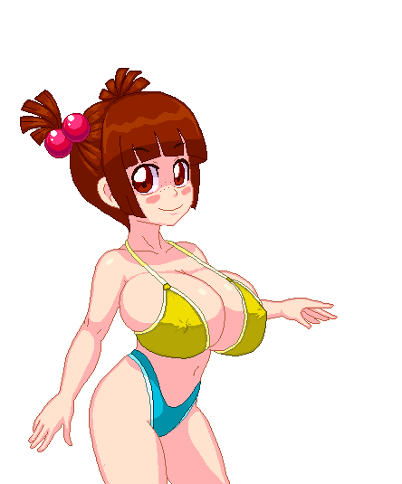 1girl :3 air-strip_angel animated armpits arms_behind_head ass ass_shake back bare_shoulders bikini blair_(air-strip_angel) blinking blunt_bangs blush_stickers bouncing_breasts breast_lift breasts closed_mouth clothes_lift collarbone covered_erect_nipples covering_breasts covering_privates female_focus freckles from_behind grin hair_bobbles hair_ornament highleg highleg_bikini huge_breasts jumping lifting_own_clothes looking_at_viewer nipples oppai_loli pixel_art red_eyes red_hair shiny_skin short_hair short_twintails smile solo sprite standing string_bikini swimsuit tim-buktu transparent_background twintails undressing yellow_bikini