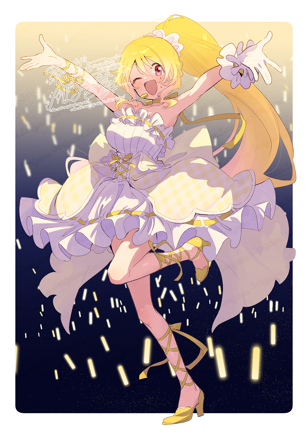 1girl ;d ankle_lace-up bare_shoulders blonde_hair blush border commentary_request dress full_body gloves glowstick hair_between_eyes high_heels highres long_hair looking_at_viewer magia_record:_mahou_shoujo_madoka_magica_gaiden mahou_shoujo_madoka_magica one_eye_closed open_mouth outside_border outstretched_arms ponytail red_eyes serizawa_serizane shoes smile solo standing standing_on_one_leg strapless strapless_dress togame_momoko watermark white_border white_dress white_gloves yellow_shoes