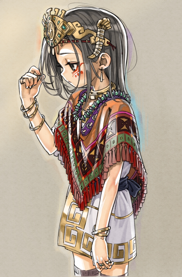 1girl bracelet commentary_request dress earrings expressionless facial_mark flat_chest gold gold_trim grey_eyes grey_hair headpiece jewelry looking_down medium_hair multiple_rings native_american necklace okuribi original playing_with_own_hair ring shawl short_dress solo