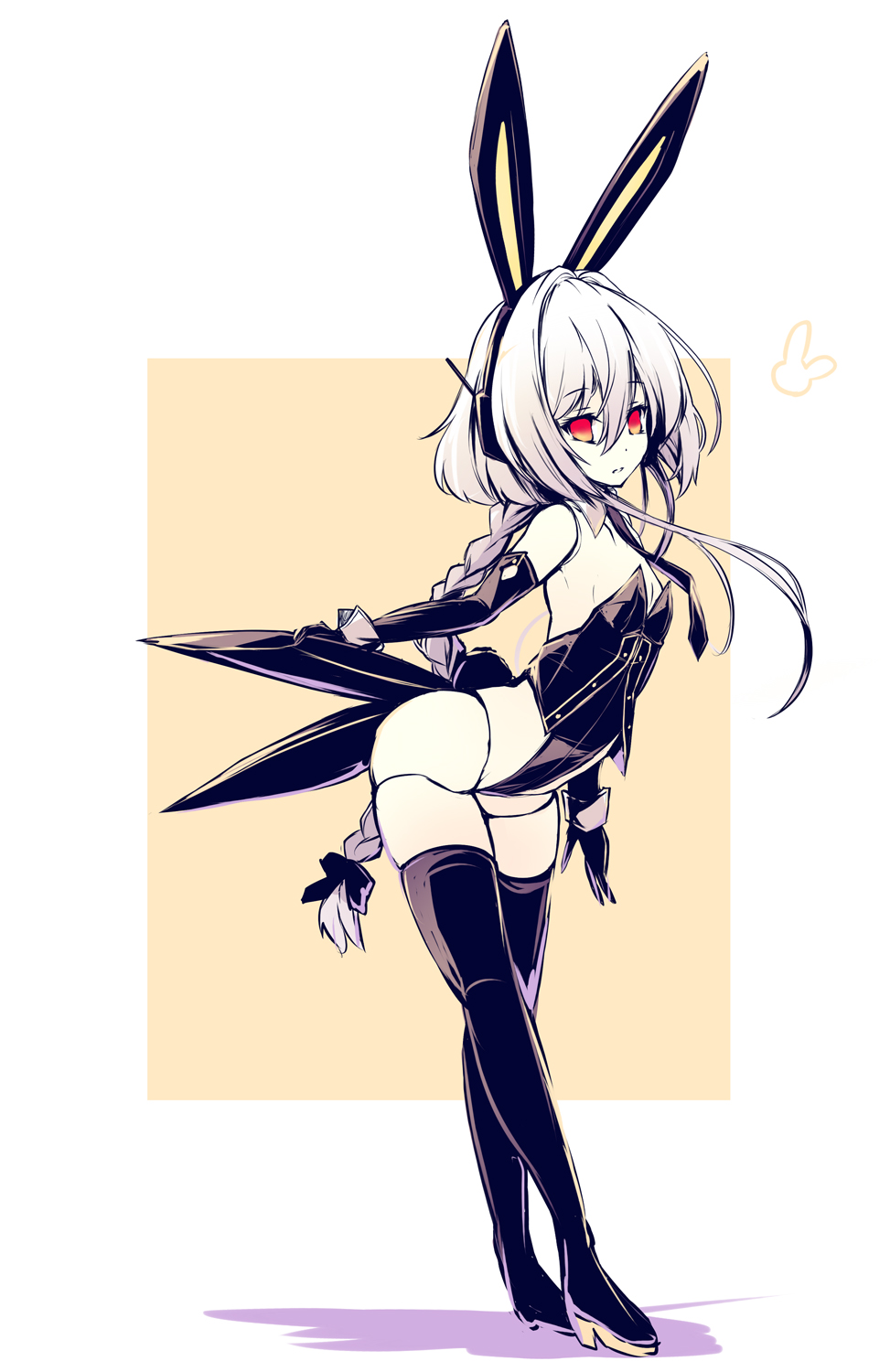 1girl animal_ear_hairband animal_ears antennae black_boots black_gloves black_leotard black_necktie black_ribbon boots braid breasts cleavage commentary_request detached_collar doll_joints elbow_gloves fake_animal_ears gloves hair_between_eyes hairband headphones high_heel_boots high_heels highleg highleg_leotard highres hisui_(syarute) joints leotard loli long_hair long_sidelocks looking_at_viewer necktie nontraditional_playboy_bunny original playboy_bunny rabbit_ear_hairband rabbit_ears red_eyes ribbon robot_girl sidelocks simple_background single_braid small_breasts solo strapless strapless_leotard thigh_boots two-tone_background white_background wrist_cuffs yellow_background