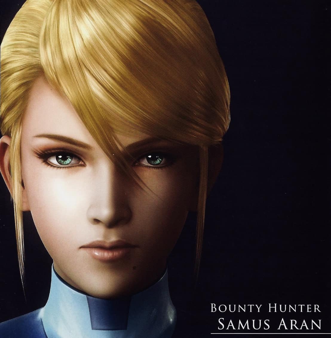 1girl black_background blonde_hair bodysuit green_eyes latex latex_bodysuit lips long_hair looking_at_viewer metroid metroid:_other_m mole mole_under_mouth nintendo official_art ponytail samus_aran simple_background solo solo_focus zero_suit