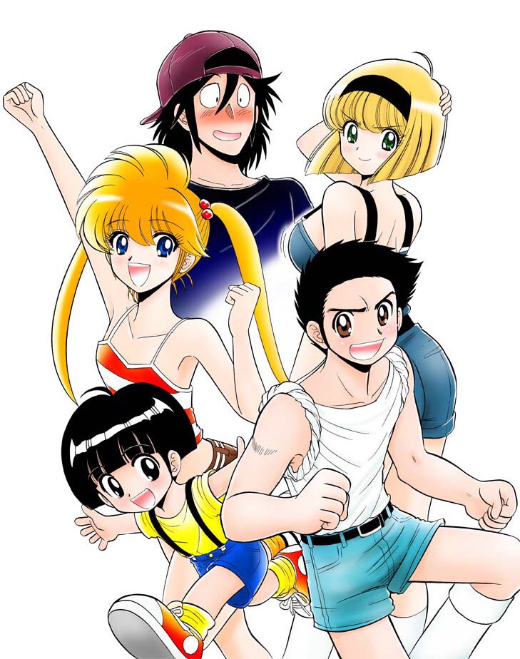>:) 2girls 3boys arm_up ass backwards_hat baseball_cap belt belt_buckle black_belt black_eyes black_hair black_hairband black_shirt blonde_hair blue_eyes blue_shorts blue_tank_top blush breasts brown_eyes buckle camisole commentary_request green_eyes hair_bobbles hair_ornament hairband hand_on_own_head hand_up hat hosokawa_miki inaba_kyouko jigoku_sensei_nube kimura_tatsuya kneehighs kurita_makoto long_hair looking_at_another looking_at_viewer looking_back medium_breasts multiple_boys multiple_girls official_art okano_takeshi open_mouth orange_hair red_camisole red_shoes shirt shoes short_hair short_shorts shorts sideboob simple_background sleeveless sleeveless_shirt smile smug socks spaghetti_strap standing suspender_shorts suspenders tank_top tateno_hiroshi teeth twintails upper_teeth_only v-shaped_eyebrows white_background white_shirt white_socks yellow_shirt yellow_socks