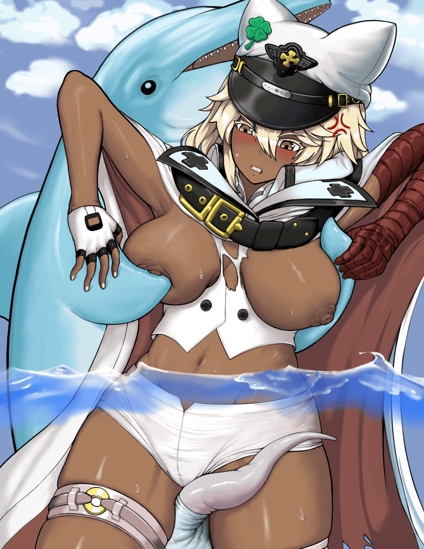 1girl animal_penis animated animated_gif bestiality black_skin blonde_hair breasts cloak colored_skin commentary cum cum_in_pussy cum_on_body dark-skinned_female dark_skin dolphin dolphin_penis english_commentary facial gift_art guilty_gear hat large_breasts noi_(artist) penis pussy ramlethal_valentine rape self-upload sex short_shorts shorts thigh_strap torn_clothes underwater underwater_sex vest white_cloak white_hat white_shorts white_vest
