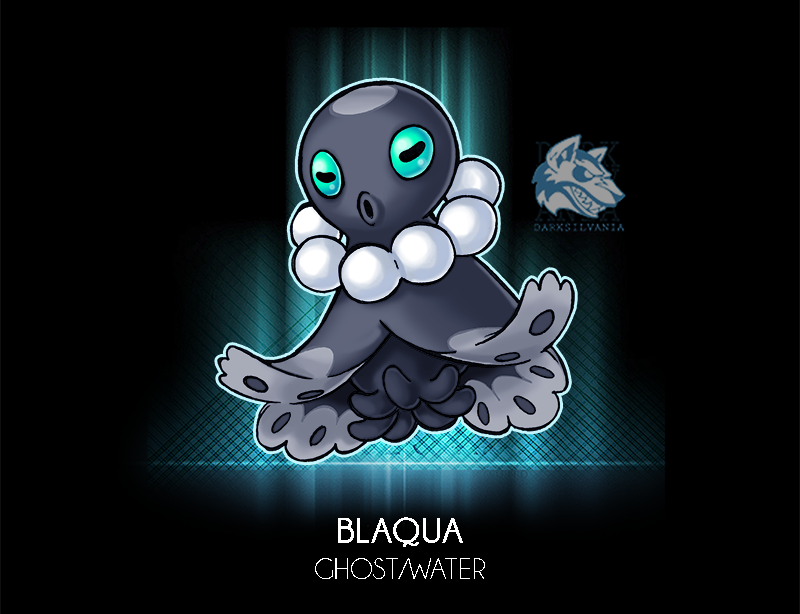 aqua_sclera artist_name black_eyes black_skin cephalopod_eyes colored_sclera colored_skin cryptid dark_background darksilvania fakemon floating jewelry necklace nintendo no_humans octopus pearl_necklace pokemon pokemon_(creature) signature