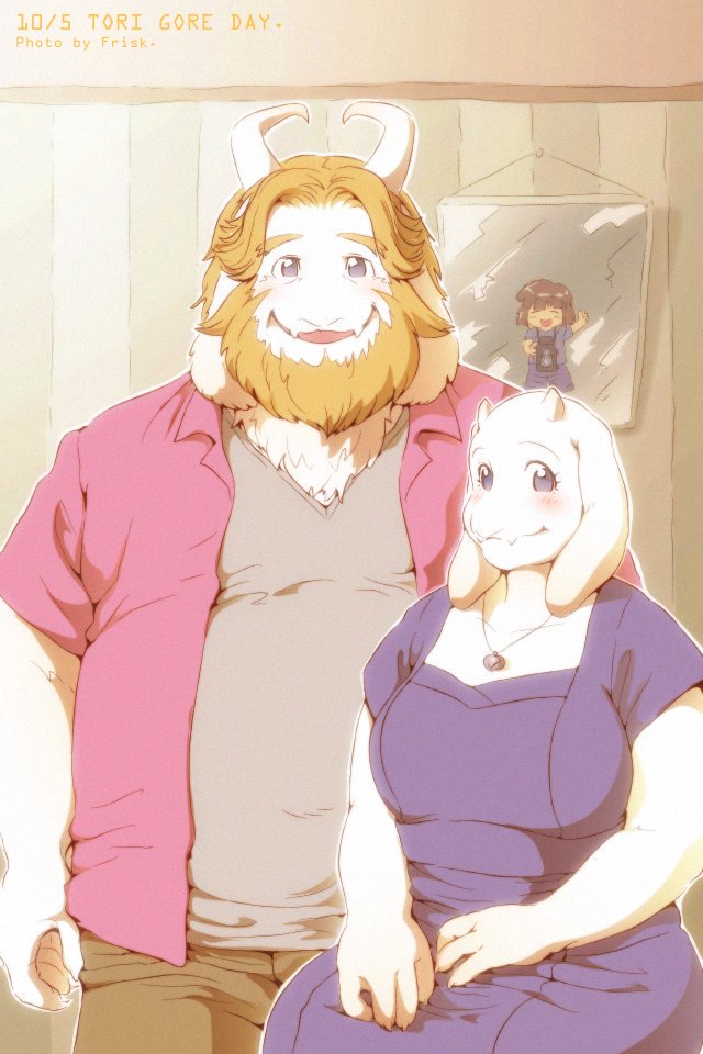 1boy 1girl 1other asgore_dreemurr beard blonde_hair brown_hair drawing_(object) facial_hair frisk_(undertale) furry furry_female goat horns jewelry looking_at_viewer mature_female mature_male necklace onda_seki short_hair sitting toriel undertale utdr_(toby_fox) white_fur