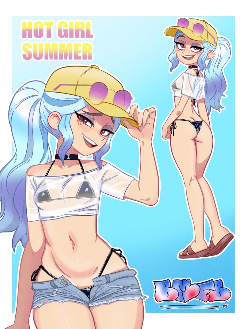 1girl andrea_davenport ass bigmfbear bikini black_bikini blue_hair brown_eyes denim denim_shorts disney eyelashes eyeshadow eyewear_on_headwear female_focus freckles glasses glasses_on_head hat loli looking_at_viewer makeup multiple_views navel pale-skinned pale-skinned-female pale_skin ponytail purple_eyeshadow sandals shirt shorts smile stomach swimsuit the_ghost_and_molly_mcgee wet wet_clothes white_shirt yellow_hat