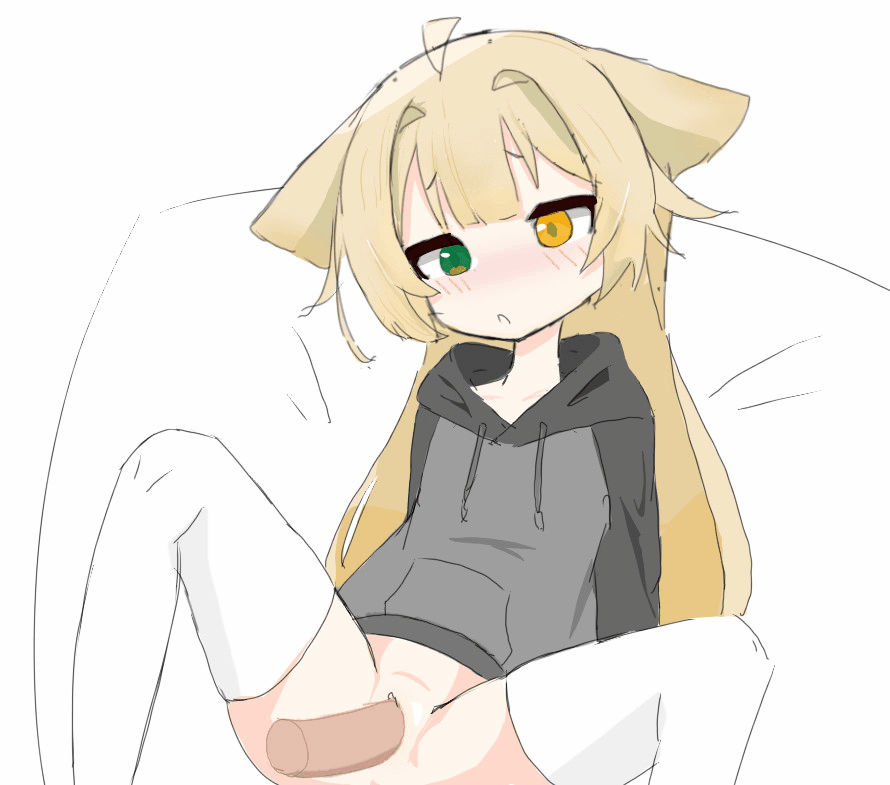 1girl ahoge animal_ears animated animated_gif artist_request blonde_hair blush bottomless disembodied_penis feet_out_of_frame green_eyes grey_hoodie hetero heterochromia hood hood_down hoodie loli long_hair looping_animation original penis pussy sex sitting spread_legs thighhighs uncensored vaginal very_long_hair white_thighhighs yellow_eyes