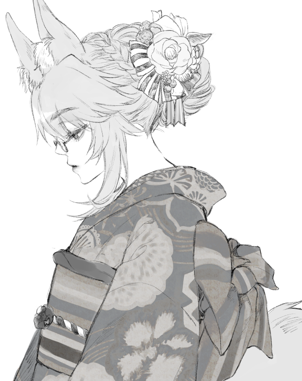 1girl animal_ears braid bun_with_braided_base closed_mouth commentary fate/grand_order fate_(series) floral_print flower fox_ears fox_tail from_side glasses greyscale hair_bun hair_flower hair_ornament japanese_clothes kimono koyanskaya_(fate) lipstick looking_down makeup monochrome neck obi obiage obijime profile sash sidelocks single_hair_bun solo sumi_2222 tail