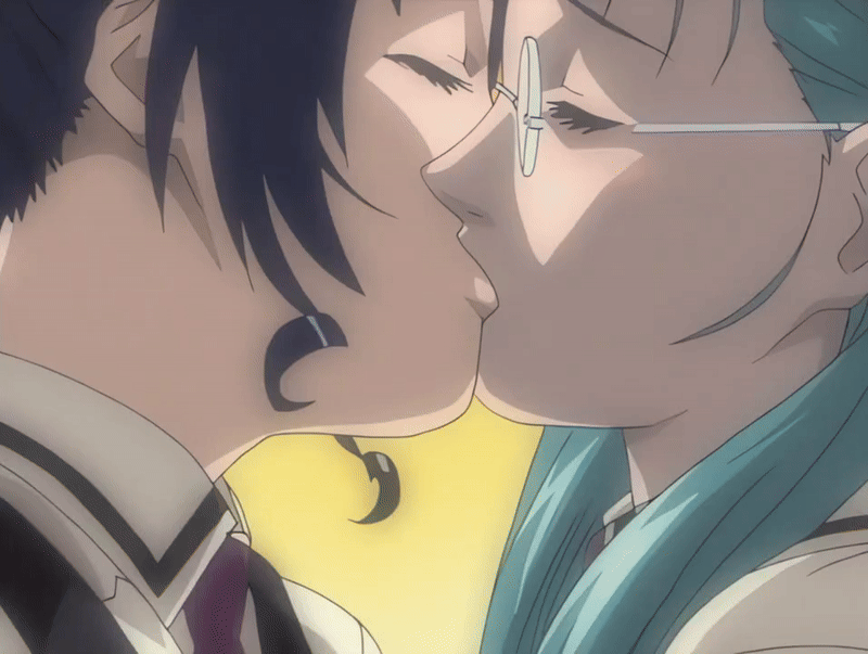 00s 2002 2girls animated animated_gif anime_screenshot aqua_hair bible_black bible_black_gaiden bow bowtie classroom closed_eyes female_focus french_kiss glasses green_hair hairband kiss kozono_nami long_hair mochida_junko multiple_girls ponytail purple_hair saliva saliva_trail school school_uniform sunset tagme yellow_eyes yuri