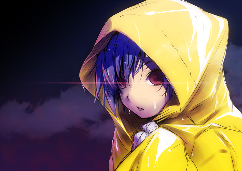 1girl bakemonogatari bandages blue_hair female_focus kanbaru_suruga monogatari_(series) nilitsu raincoat rainy_devil red_eyes solo wet yellow_raincoat