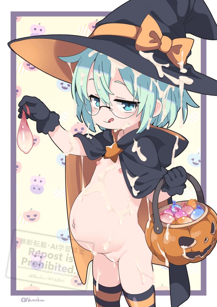 1girl :q artist_name bar_censor black_cloak black_gloves black_hat blue_eyes blue_hair bow bucket censored cloak closed_mouth condom cowboy_shot cum cum_on_body cum_on_clothes cum_on_hair cum_on_headwear facial flat_chest glasses gloves halloween halloween_bucket hand_up hat hat_bow heart holding holding_bucket holding_condom hood hood_down hooded_cloak jack-o'-lantern loli looking_at_viewer nassukun navel nipples orange_bow orange_thighhighs original paid_reward_available pregnant pregnant_loli pussy rimless_eyewear short_hair signature smug solo striped_clothes striped_thighhighs thighhighs tongue tongue_out used_condom watermark witch_hat