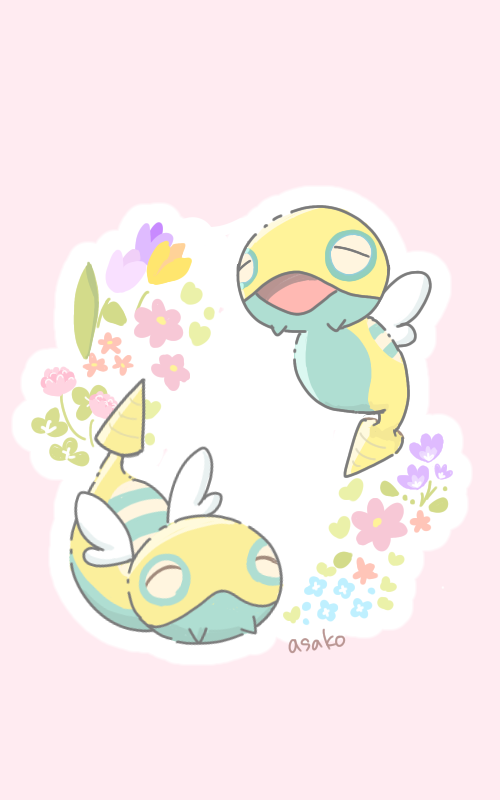 animal_focus asakoline blue_flower closed_eyes closed_mouth dunsparce flower gen_2_pokemon nintendo no_humans open_mouth pink_background pink_flower pokemon pokemon_(creature) purple_flower signature simple_background spiked_tail tail tulip white_wings wings yellow_flower