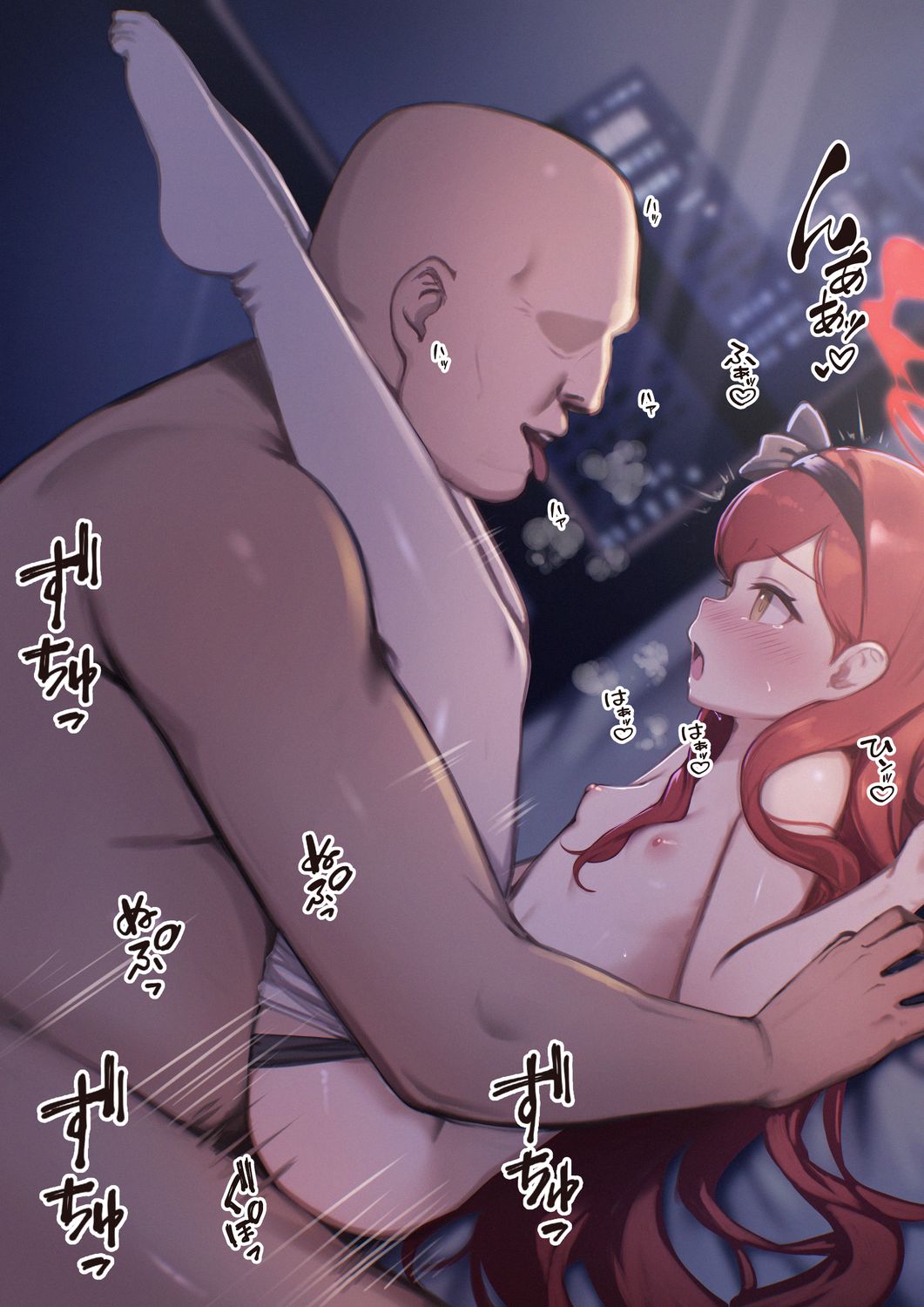 1boy 1girl blue_archive breasts clothes_pull commentary_request fat fat_man hairband halo hetero highres loli long_hair nipples open_mouth pantyhose pantyhose_pull red_hair sex small_breasts sukoyasu_r takane_(blue_archive) tongue tongue_out ugly_bastard white_pantyhose