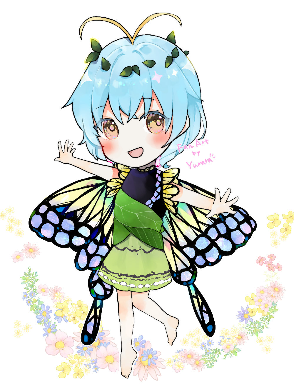 1girl antennae artist_name barefoot black_dress blue_flower blue_hair blush butterfly_wings chibi chibi_only commentary dress english_text eternity_larva fairy fairy_wings flower flower_request full_body green_dress highres insect_wings leaf leaf_on_head looking_at_viewer minatsuki_yurara multicolored_dress open_mouth outstretched_arms pink_flower short_hair smile solo spread_arms toes touhou wings yellow_flower