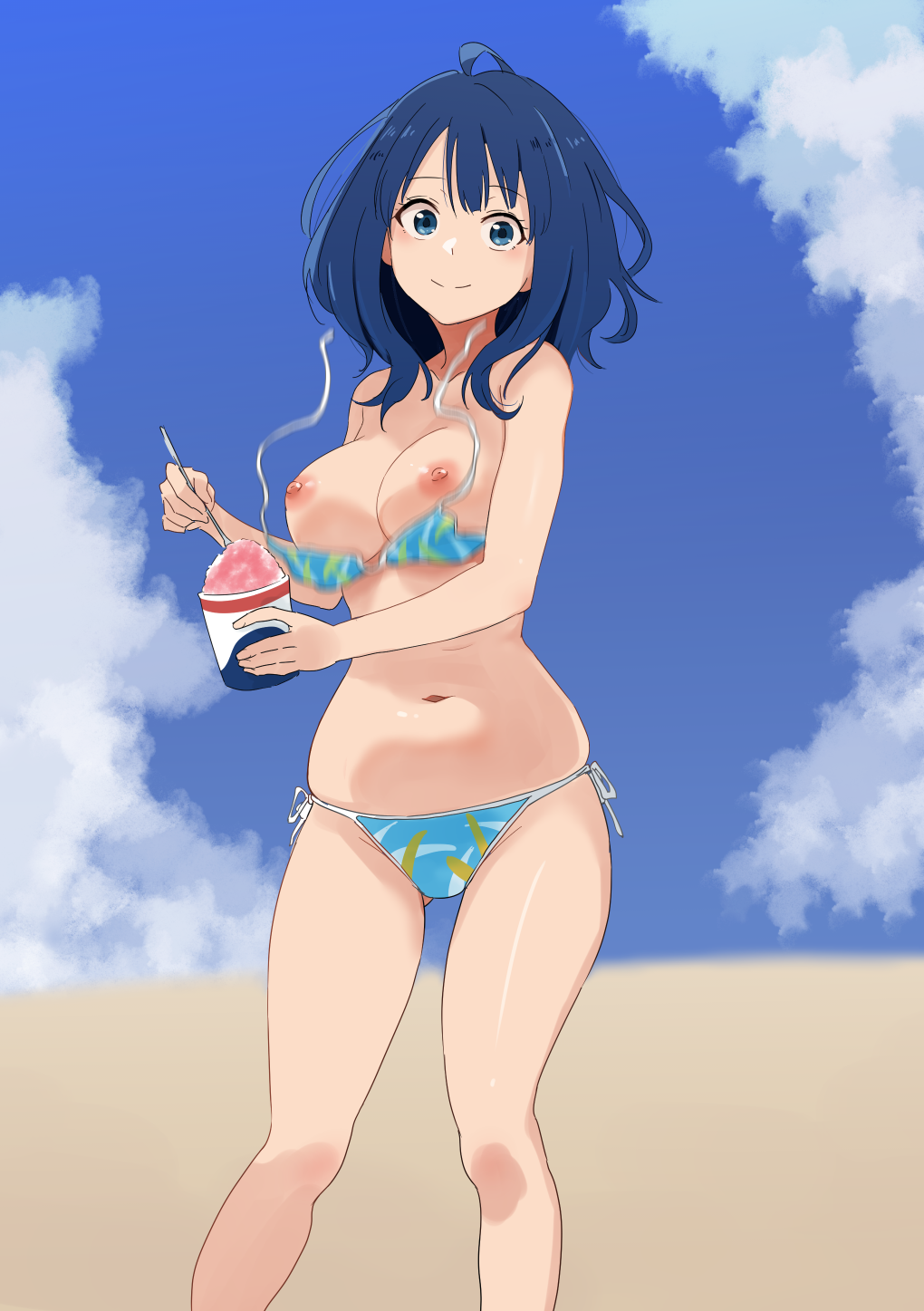 1girl beach bikini blue_bikini blue_eyes blue_hair breasts food highres ice_cream large_breasts legs looking_at_viewer make_heroine_ga_oo_sugiru! medium_hair navel nipples smile solo swimsuit thighs unworn_bikini_top wardrobe_malfunction yanami_anna