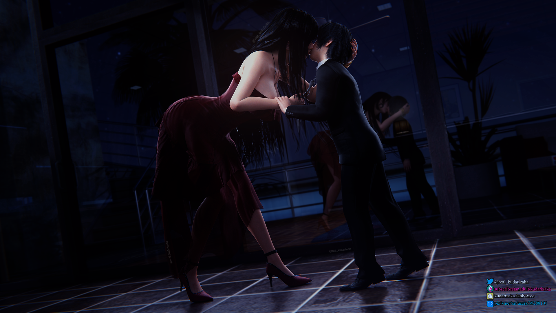 kudarizaka, noctis lucis caelum, tifa lockhart, final fantasy, final  fantasy vii, final fantasy xv, arm grab, red outfit, blender (medium),  highres, 1boy, 1girl, 3d, age difference, arched back, bare shoulders, bent  over,