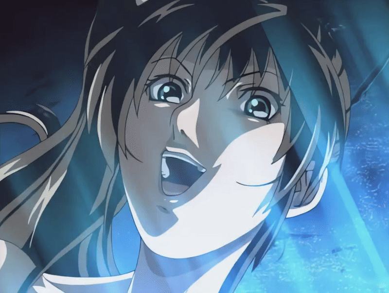 00s 1futa 2003 animated animated_gif anime_screenshot basement bible_black bible_black_night_of_the_walpulgiss blush brown_hair futanari hair_ornament imari_kurumi implied_futanari implied_sex light_rays long_hair open_mouth ritual side_ponytail smile solo sweat