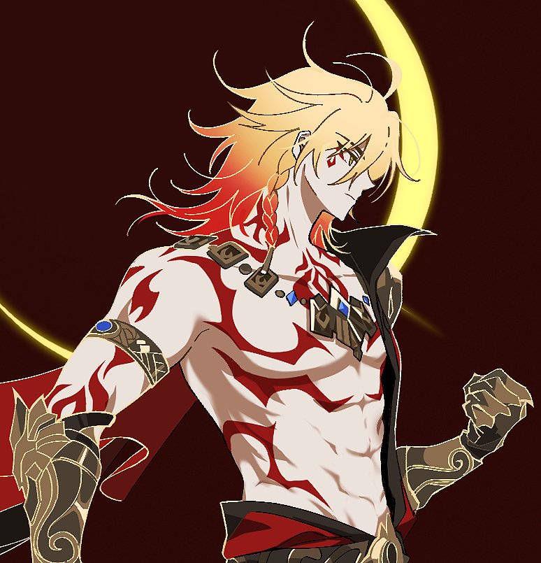 1boy abs arm_tattoo armlet black_coat blonde_hair braid chest_tattoo clawed_gauntlets coat dill_257 earrings facial_tattoo from_side gold_earrings gold_necklace gradient_hair honkai:_star_rail honkai_(series) jewelry male_focus medium_hair multicolored_hair mydei_(honkai:_star_rail) necklace open_clothes open_coat profile red_hair red_tattoo side_braid solo tattoo toned toned_male yellow_eyes