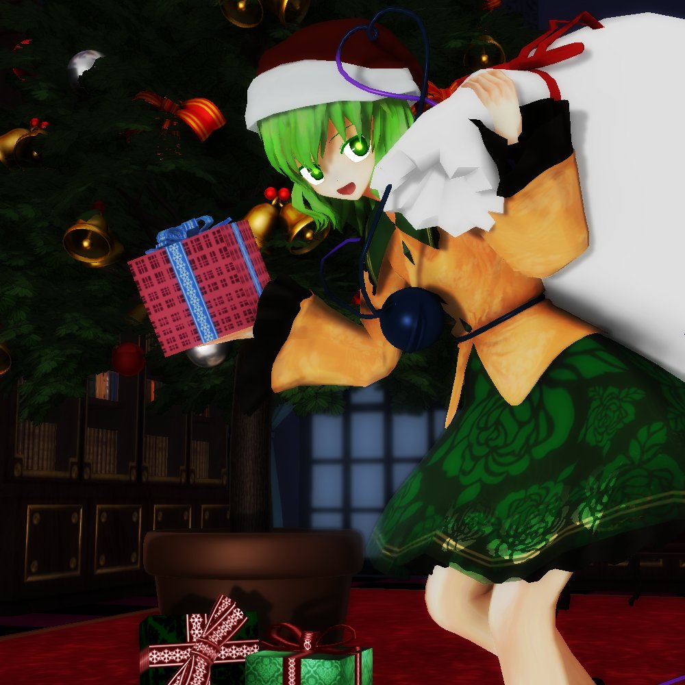 1girl :d bell bow box buttons christmas christmas_ornaments christmas_tree collared_shirt commentary_request diamond_button feet_out_of_frame floral_print frilled_shirt_collar frilled_sleeves frills full_body furui gift gift_box glowing glowing_eyes green_eyes green_hair green_skirt hair_between_eyes hat hat_bow hat_ribbon heart heart_of_string holding holding_gift indoors jingle_bell komeiji_koishi long_sleeves looking_at_viewer mikumikudance_(medium) open_mouth ribbon rose_print sack santa_hat shirt skirt sleeves_past_wrists smile solo standing third_eye touhou wide_sleeves window yellow_ribbon yellow_shirt