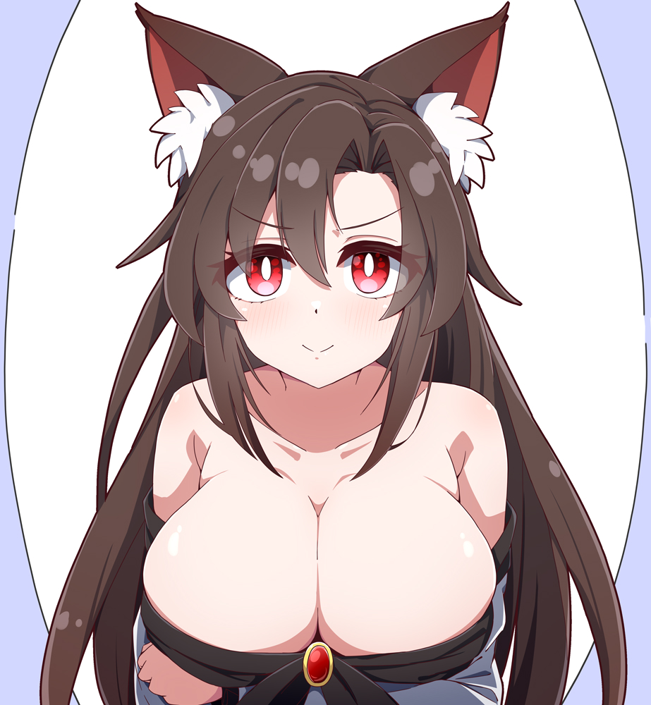 1girl animal_ears bare_shoulders breasts bright_pupils brown_hair collarbone commentary_request hiro_(pqtks113) imaizumi_kagerou large_breasts long_hair looking_at_viewer red_eyes smile solo touhou upper_body white_pupils wolf_ears wolf_girl