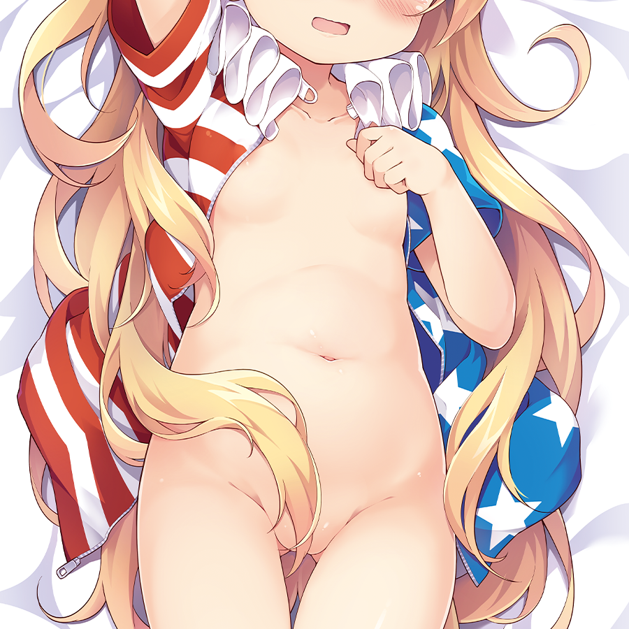1girl american_flag american_flag_print american_flag_shirt arm_up baku-p bed blonde_hair blue_shirt blush breasts clownpiece dakimakura_(medium) flag_print hands_up hat jester_cap loli long_hair lying multicolored_shirt nipples open_clothes open_mouth open_shirt polka_dot print_shirt red_hat red_shirt shirt short_sleeves small_breasts solo star_(symbol) star_print striped_clothes striped_shirt touhou white_shirt