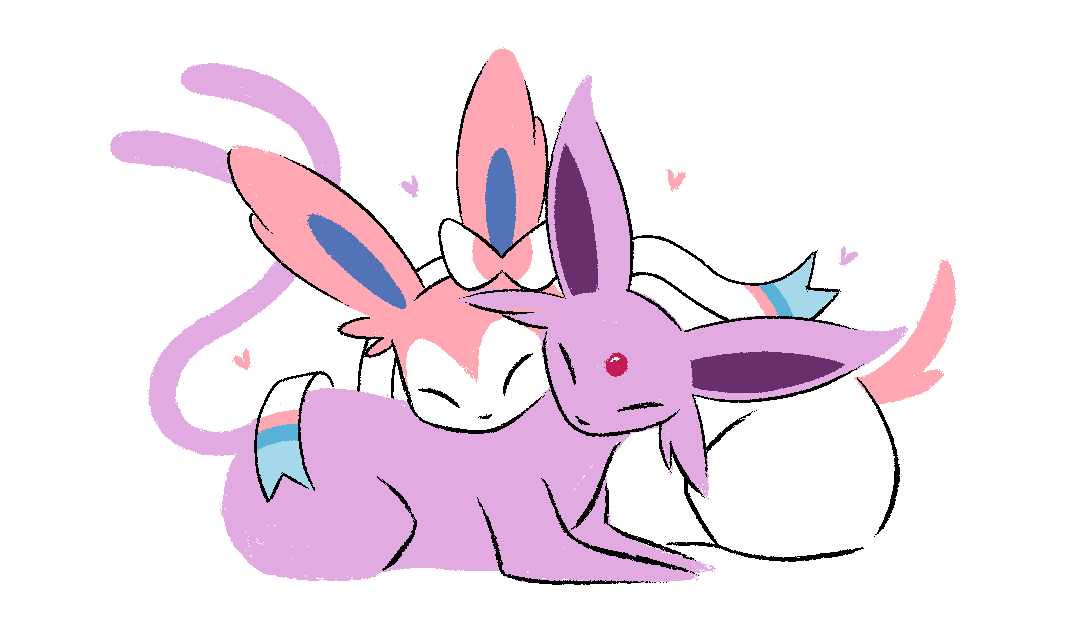 animal_focus closed_eyes commentary cuddling english_commentary espeon gen_2_pokemon gen_6_pokemon gotchibam happy heart lying nintendo no_humans pokemon pokemon_(creature) simple_background sylveon white_background