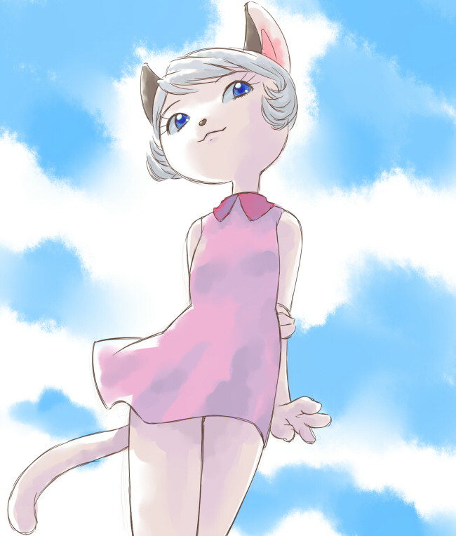 1girl :3 animal animal_ears arm_behind_back blue_eyes cat cat_ears cat_girl cat_tail cloud don_chuck_monogatari dress from_below furry grace_(don_chuck) holding_own_arm looking_to_the_side pink_dress short_hair sky sleeveless sleeveless_dress smile standing tail white_hair yamanokonza