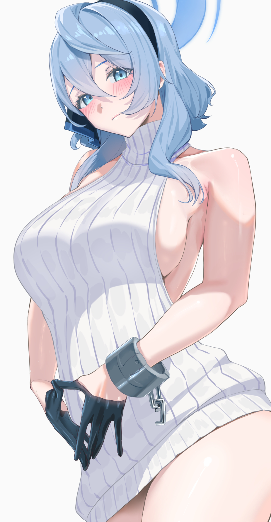 1girl ahoge ako_(blue_archive) bare_shoulders black_gloves blue_archive blue_eyes blue_hair blue_hairband blue_halo blush breasts gloves hair_between_eyes hairband halo highres large_breasts looking_at_viewer medium_hair ratsuku_kinoko sideboob single_handcuff sleeveless sleeveless_sweater sleeveless_turtleneck solo sweater turtleneck turtleneck_sweater virgin_killer_sweater white_sweater