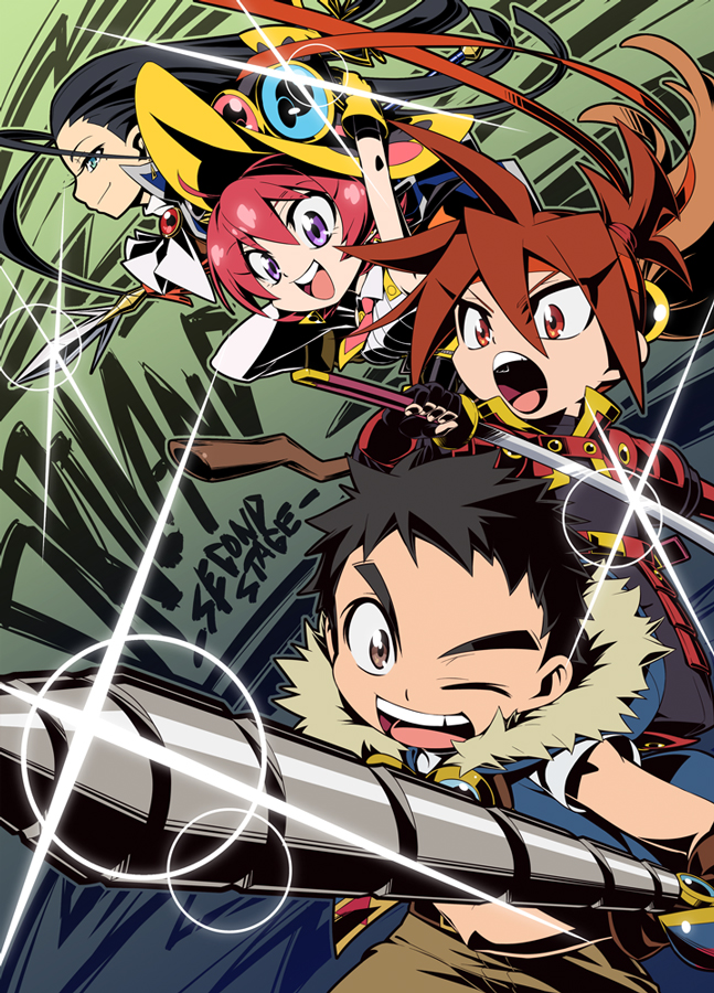 1girl 3boys black_hair broom broom_riding commentary_request eyewear_on_headwear feylin glasses green_eyes hagan hat holding holding_sword holding_weapon kibamaru mole mole_under_eye multiple_boys nagare_(tanken_driland) nijuu open_mouth purple_eyes red_hair sword tanken_driland tanken_driland:1000-nen_no_mahou teeth weapon witch_hat